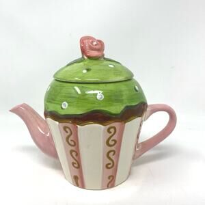 Cupcake ceramic teapot pink green